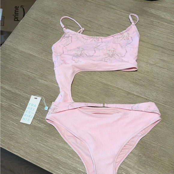 Frankie's Bikinis Light Pink Thea Ribbed One-Piece Cutout Swimsuit in Aurora - Picture 2 of 9